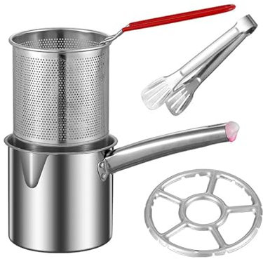 MagiDeal Friteuse en acier inoxydable avec panier passoire pour frites, friteuse Tempura japonaise pratique pour la maison, support à pince pour panier1.8L