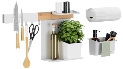 tesa Kitchen Organiser Combo Set XL - Self-Adhesive Kitchen Rail System, Herb Pot, 2 Shelves, Dishwasher Organiser, Knife and Kitchen Roll Holder, Hook Rail with 3 Hooks - Drill-Free - Bamboo/White