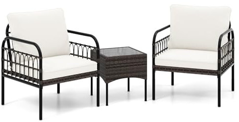 GYMAX 3-teiliges Gartenmöbel Set, Gartenlounge inkl. Stuhlset mit Kissen & Glastisch, Polyrattan Sitzgruppe, Outdoor-Bistro-Set für Terrasse, Garten & Balkon