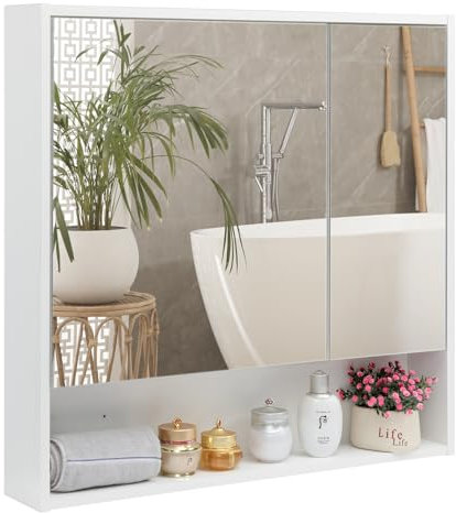 HollyHOME Spiegelschrank Bad mit Regal, Badezimmerschrank mit Doppelspiegeltür, Wandmontage, WC-Aufbewahrungsschrank, Weiß