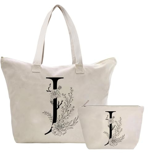 Personalisiert Initialen Tragetasche Canvas, Kosmetiktasche mit Reißver, Damen Handtasche Tote Bag, Einkaufstasche Geschenk für Frau Freundin Mama Schwester, Braut & Brautjungfern Schminktäschchen J