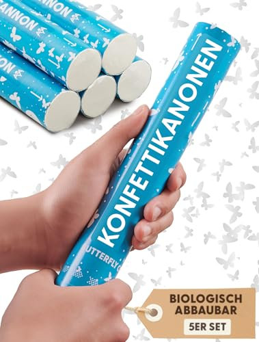 Partyjoker 5 Cannoni Spara Coriandoli Farfalle Bianche - Carta Certificata FSC® - Biodegradabile e Sicuro - Perfetto per Matrimoni e Eventi Romantici