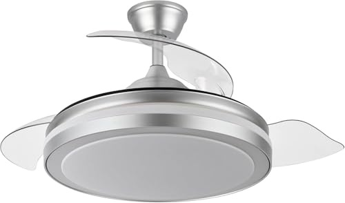 Blendend Ventilador DC Esparta 72W en elegante plateado, con 6120 lúmenes, ángulo de 110°, tres aspas y temperatura de color ajustable (3000K, 4000K, 6000K) y control remoto con memoria.
