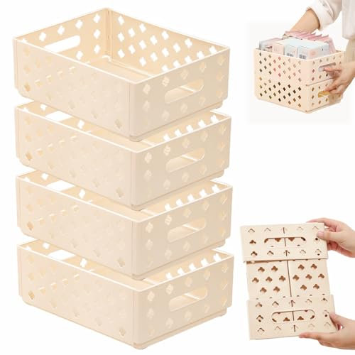 Wenbones Faltbare Aufbewahrungsboxen 4er Set, Stapelbar, Beige, PP, Rechteckig, für Schlafzimmer, Küche, Bad, Schreibtisch
