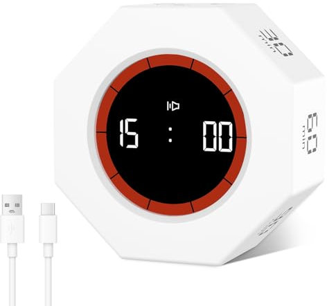Cuteefun Cubo Temporizador, Octágono Pomodoro Timer Rotativo, 1/3/5/15/30/60/90 Minutos Cuenta Atrás, Temporizador Digital, Alerta Sonora Ajustable para Cocina, Estudio, Reunión, Blanco