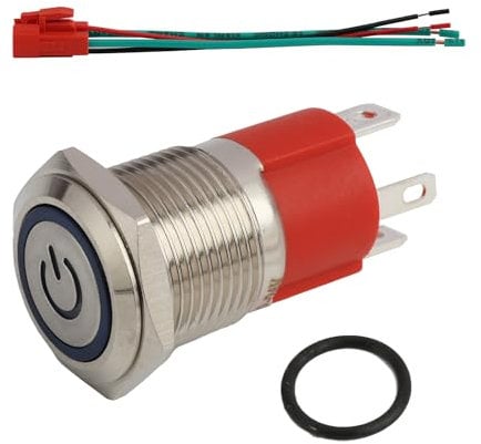 Annlpoy 12V / 15A Interruptor de Botón de Enclavamiento, pulsadores Impermeable luz LED azul, pulsador de arranque metálico de 16mm, cable de enchufe incluido, para aplicaciones industriales