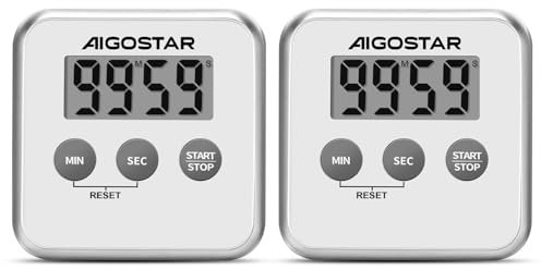 Aigostar 2 Piezas Temporizador de Cocina Digital con Pantalla LCD Grande, Multifunción: Cronómetro, Cuenta Atrás, Adelante y Aviso Sonoro. 3 Formas de Instalación: Imán, Sobremesa o Colgado