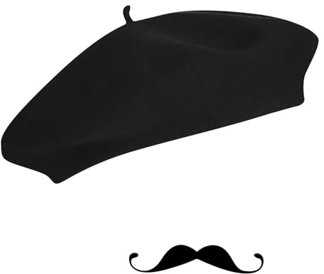 TAXTYHRE Französisch Kostüm Zubehör, Baskenmütze Schwarz, Schnurrbart zum Ankleben, Erwachsene, Unisex, für Halloween Weihnachtsfeier Geburtstag Kostüm Karneval