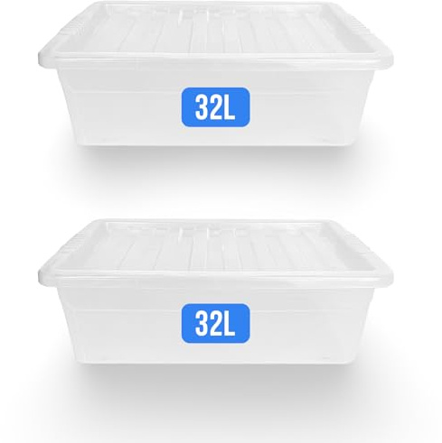 KAPCO Clear Plastic Storage Boxes 2 x 32L Under Bed Storage Box with Clear Lid | Stackable Multipurpose Containers for Home Office Kitchen | Ideal Underbed Storage Solution | Portable Moving Boxes