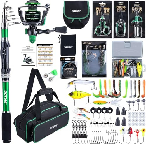 Goture Angelset mit Teleskop-Angelruten (24T Carbon),1,8m/2,1m/2,4m/2,7m I Angelrute Set Komplett 5.2:1 Spinnrolle, 150m/14kg Schnur, Köderbox & Tragetasche – für Salz-/Süßwasser, Reisen–Angelgeschenk