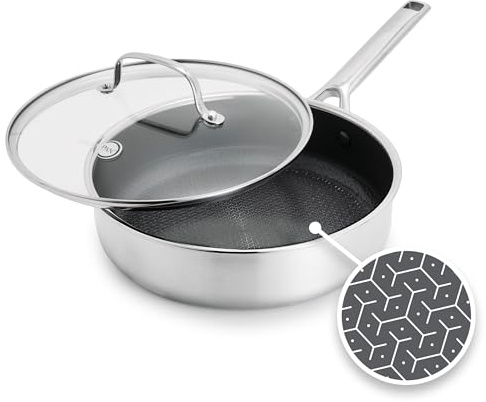 GreenPan Hybrid Antihaft-Edelstahl Schmorpfanne mit Glasdeckel, 24 cm, APEX Tri-Ply Thermobond PFAS-freie Keramikpfanne, Induktionsgeeignet, Ofenfest bis 220 °C, Spülmaschinenfest, Silber