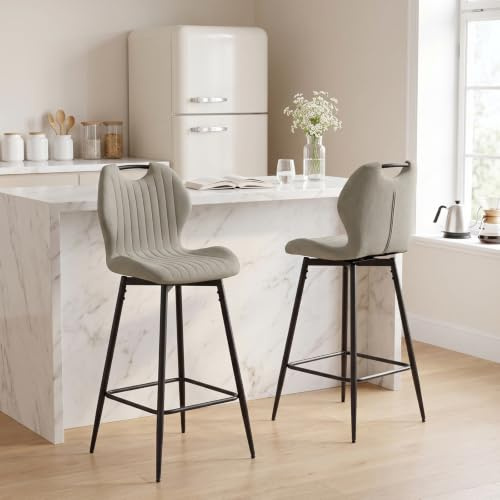 WAFTING Barhocker 360° drehbar Sitzhöhe 75 cm, 2er Set, Hellgrau | Fußstütze und Rückenlehne, belastbar bis 130 kg, Tragegriff, für Theke, Stehtisch und Hausbar