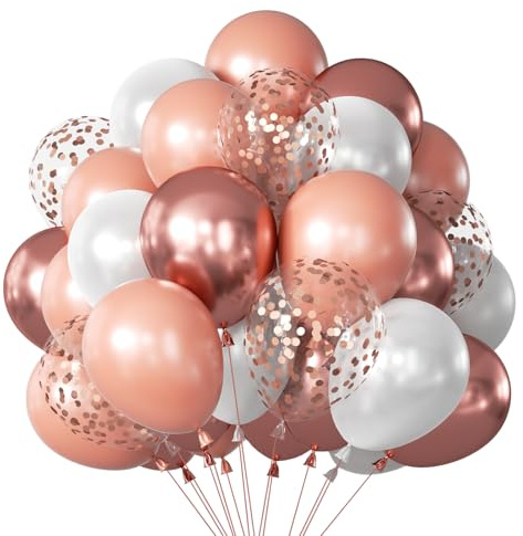 Ballons Anniversaire Rose Gold Kit, 68 Pièces Heilum Ballon Rose Gold Blanc, Rosegold Confettis Ballon Gonflable, Ballons de Baudruche pour Decoration Anniversaire Fille Femme EVJF Mariage Bapteme