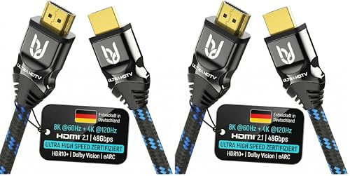 Ultra HDTV Premium 8K HDMI 2.1 Kabel 2m – Zertifiziert 48Gbps | 8K@60Hz 4K@120Hz | TV PS5 Xbox Soundbar | eARC Dolby Atmos HDR10+ | Nylon Kabel (Packung mit 2)