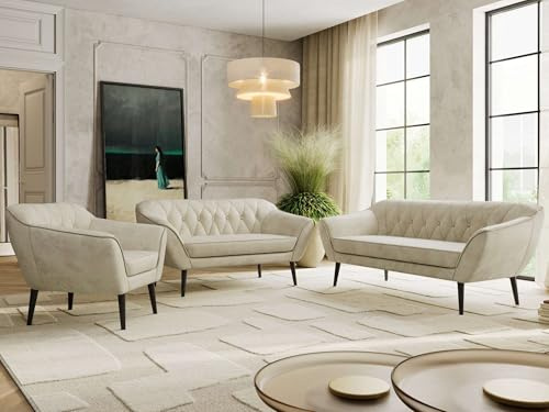 MKS MEBLE Sofagarnitur PIRS 3 + 2 + 1 - Couchgarnitur im skandinavischen Design, Gesteppte Polsterung, Wellenfederung, Wohnzimmer Sofa Set - Schwarze Beine, Beige Velvet