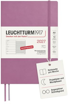 LEUCHTTURM1917 Wochenkalender 2027 Medium (A5) mit Notizbuch - Terminplaner Deutsch, Dusty Rose, Softcover, Januar-Dezember 2027, Wochenübersicht links + Notizseite rechts