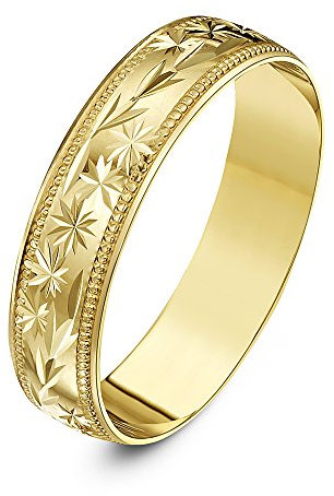 Theia Bague Or Jaune 9ct - Lourd Forme Demi-Jonc avec Motif Étoiles et Feuilles au Centre et Côtés en Milgrain 5mm - Taille 54