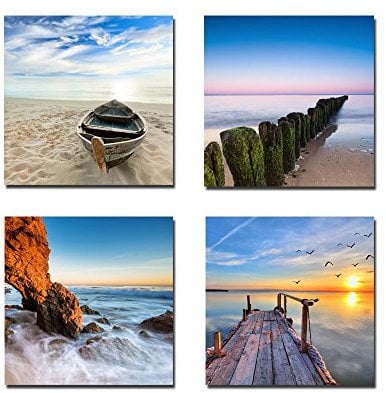 Wieco Art – Impression sur toile de mer moderne paysage marin Giclée Art contemporain Paysage mer mer plage Tableaux photo sur toile Décoration murale Décoration murale 4 pièces