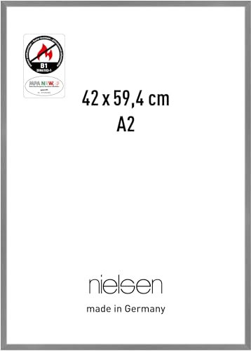 nielsen Bilderrahmen mit Brandschutz B1, 42 x 59,4 cm (A2), Aluminium, Grau matt, Posterrahmen zum Aufhängen im Hoch- & Querformat, Echtglas, C2-B1