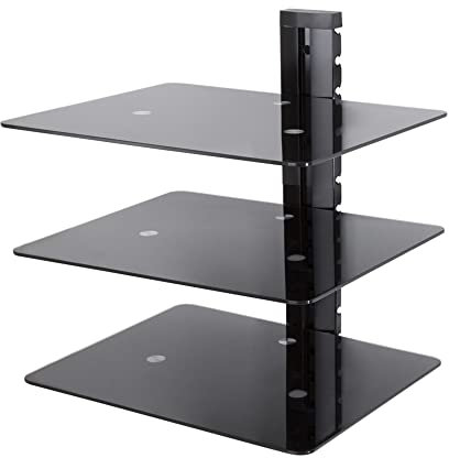 AVF Triple Accessory Shelf Black - Three Black Glass AV Shelves 38cm Wide x 28cm Deep Under TV Storage, Safety Glass, Black Cable Management