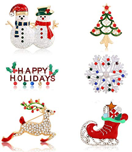 JERTOCLE Christmas Brooch Pins For Women Girls Winter Snowflake Reindeer Deer Snowman Happy Holiday Boots Christmas Tree Crystal Brooches Set 6 Pack