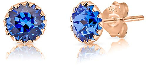 DTPSilver - Damen Ohrringe 925 Sterling Silber Rosèvergoldet mit Kristallen von Swarovski® Elements 6 mm Runde Ohrstecker - Farbe : Blauer Saphir