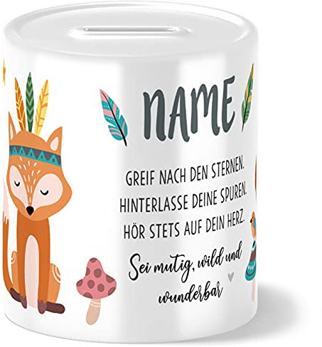 OWLBOOK® Kinder Spardose Fuchs | personalisierte Geschenke Konfirmation Jugendweihe Kommunion Firmung Einschulung Geburt Baby Kind | Geburtstagsgeschenke Ostergeschenke für Kinder | Keramik