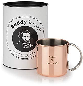 Buddy´s Bar - Moscow Mule Becher 450 ml mit Gravur, bis zu zwei Zeilen mit individuellem Text, hochwertiger Edelstahl-Becher, Cocktail-Tasse inklusive Geschenkbox, Kupfer Poliert, 1 Stück