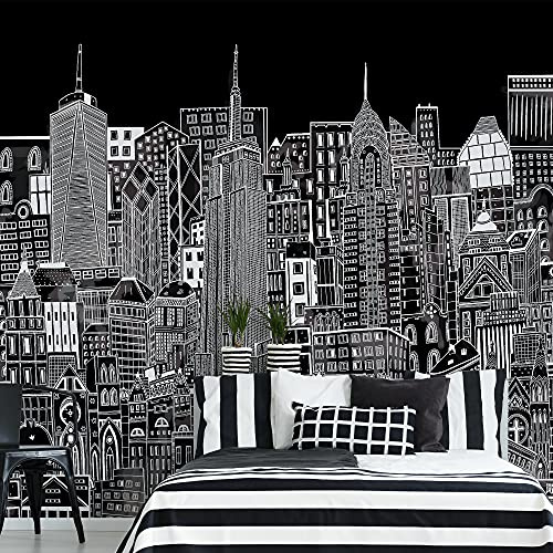 Art For The Home In the City Night Cityscape Wall Mural - Paste the wall - Black & White Wall Mural - contemporary urban night sketch city skyline design - Feature design - Cover for small cracks