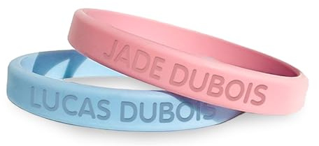 BIENMARQUER - Pack de 2 Bracelets SOS Enfant - Bracelets Personnalisables en Silicone Gravés avec un Prénom & Numéro de Téléphone - Bracelets d'Identification SOS