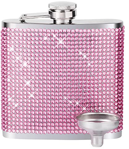 Flasks for Liquor for Women 8OZ - Girls Night Out Glitter Bling Pocket Flask with Funnel 18/8 Stainless Steel (Pink Diamond)