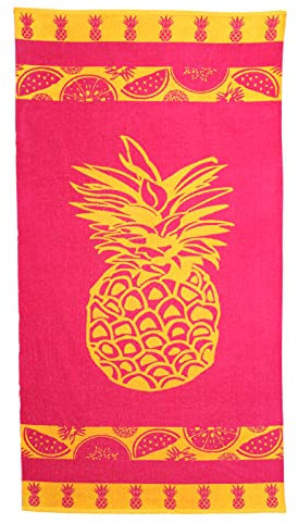 P.K. Collection Strandtuch aus 100% Baumwolle - Strandlaken 90x165 cm Frottee Qualität - hochwertiger Jacquard Druck (Ananas pink/gelb)