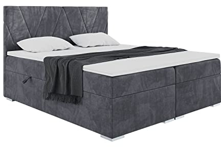 MEBLINI Boxspringbett mit Bettkasten - Gepolstert Doppelbett mit Matratze und Topper - Polsterbett mit Stauraum - Bett mit Kopfteil - Stauraumbett - Lara - 200x200 - H4/Dunkelgrau Samt