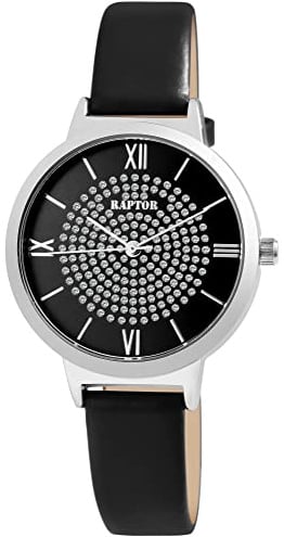 Raptor Tess Damen-Uhr Leder Similistein Dornschließe Analog Quarz RA10227 (schwarz siberfarbig)