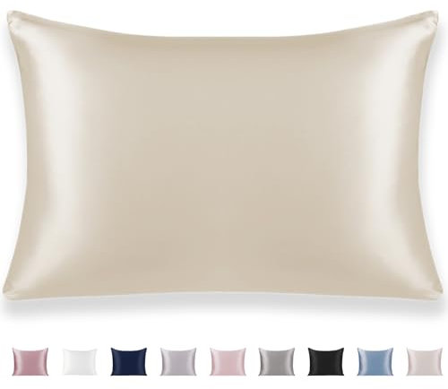Texbee Seide Kissenbezug 40x60cm für Haar und Haut versteckter Reißverschluss, 1PC Kissenbezug Seide für Frauen Männer Bequem Atmungsaktiv-Beige