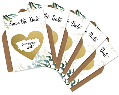 OWLBOOK® 5 Rubbelkarten zum selber beschriften | Save the Date | Rubbellos für eigenen Text | Hochzeit Geburtstag Einladungskarte | Karte mit Rubbelherz und Briefumschlag