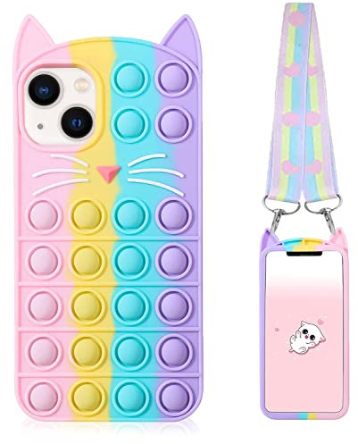 GDDJONG Fidget Pop Handyhülle für iPhone 13, Kawaii Hülle für iPhone 14, Stressabbau, Push-Pop-Blase, 3D-Cartoon, lustig, niedlich, weiches Silikon-Design, für Mädchen, Kinder, Jungen