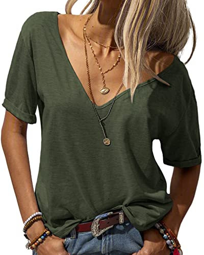 Tankaneo Damen Mode tief V-Ausschnitt Kurze Ärmel Tops Solide Lässig Lose Basic T Shirt Dunkelgrün XXL
