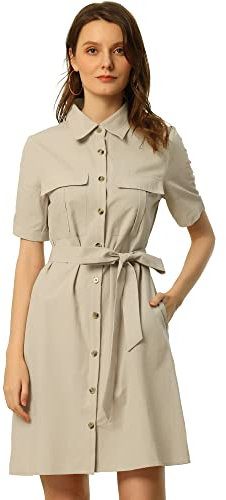 Allegra K Women's Safari Dresses Summer Cotton Short Sleeve Belted Button Down Shirtdress Beige M