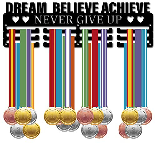 CREATCABIN Medaillenhalter Display Aufhänger Rack Sports Dream Believe Achieve Never Give Up Metall Wandhalterung Für Race Runner Spieler Gymnastik Schwimmen Laufen Über 60 Medaillen Schwarz 40x12cm