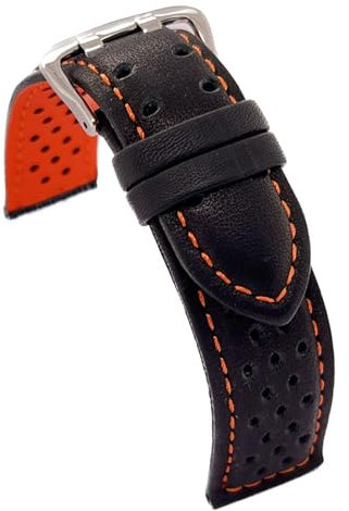 diloy Uhrenarmband glattes perforiertes Rindsleder Rallye Racing – Bunte Naht und Innenfutter – Größen 18mm 20mm 22mm 24mm – Schwarz mit Rot Blau Gelb Orange Weiß – Sportliches Design 380 Schwarz