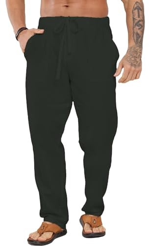 LVCBL Herren Leinenhose Lange Herren Stoffhose mit Taschen Luftig Sonnenschutz Strandhose M-3XL