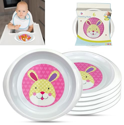 6Pcs Dining Set for Kids- Plates Dinnerware Set,Baby Feeding Plates, Easy Clean Kids Plates, Rabbit Painted Stickers Child Plates, Ideal Dishwasher Plates, Non-Slip Kids Plates - 22cm