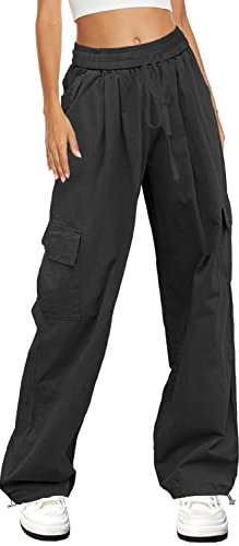 HVEPUO Cargohose Damen Schwarze Hose Kargo Hosen Frauen Baggy Pants Cargo Hose Y2k Wide Leg Harajuku Hose Schwarz S