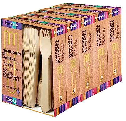 DON PALILLO - 500 Tenedores de madera desechables., 16 cm. 100% natural, ecológico, biodegradable