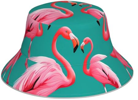 KWQDOZF Hübscher Wende-Eimerhut mit rosa Flamingo-Muster – Unisex-Kopfbedeckung für Camping und Outdoor-Aktivitäten, Schwarz, Einheitsgröße