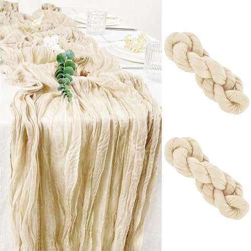 Tischläufer Beige 90 x 300 cm, 2 Stück Käsetuch Tischläufer, Boho Gaze Käsetuch Tischläufer Rustikaler Durchsichtiger Läufer, Tischdecke für Boho, Hochzeit, Dekoration, Geburtstagsparty