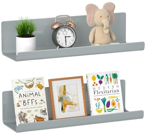 WELDUN Lot de 2 étagères murales flottantes - Affichage d'images - Étagères murales décoratives pour salon, chambre à coucher, salle de bain, cuisine, bureau à domicile, buanderie, plastique - Gris