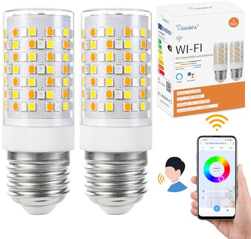 I-SHUNFA Bombilla inteligente WiFi E27 RGB Led, cambio de color con sincronización de música lámparas, 10W,12 escenas, 16 millones de colores DIY, Trabajar con Alexa Google home app(2 piezas)
