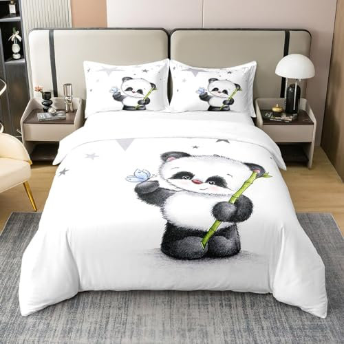 Loussiesd Panda Drucken Bettwäsche Set 220x240cm 100% Baumwolle für Baby Kinder Mädchen Bettbezug Cartoon Tiere Dekorativ Atmungsaktiv Betten Set Weiß schwarz mit 2 Kissenbezug 80x80cm